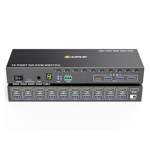 KCEVE HDMI KVM切替器 10入力1出力 4K@60Hz EDID機能 キーボード、マウス、モニターを10PCで共有 KVMセレクター