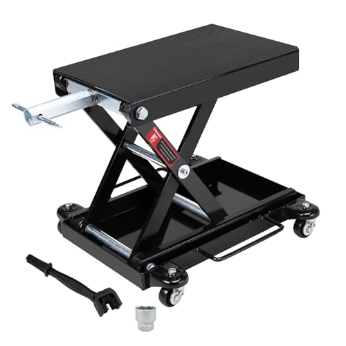 ブラック-new/耐荷重500kg(ドーリー付)/-・Size:耐荷重500kg(ドーリー付)Color:ブラック-new・【耐荷重500kg】移動がラクなコンパクト型ジャッキは簡単なリフト機構を通して、安全で、手軽にバイクのメンテナンスを行います。最大500kg（1100LBS）までの荷重が可能です。・【適用範囲が広い】ハンドルバーとソケット付き、自分の利用習慣によって高さを調節できます。リフト能力は約95mm〜375mm、幅広い範囲で使用可能です。オートバイの整備作業に大変便利なバイクリストです。フロントやリア周りの整備には欠かせないアイテム！・【ゴムマット付き+移動便利】370mmx230mmの丈夫なストライプのゴムマットを採用して、スリップ防止とバイクに傷つけないです。ドーリーの下が4つのキャスター付きになっているので、ちょっとした移動が楽に出来ます。※必ず平坦地でご使用下さい。・【優れた品質】全体は鉄の構造を採用し、表面は亜鉛メッキして、錆びを防ぐことができます。本体重量は約20.5kg。・【注意事項】1.ご使用の際は長時間の積載は必ず避けてください。