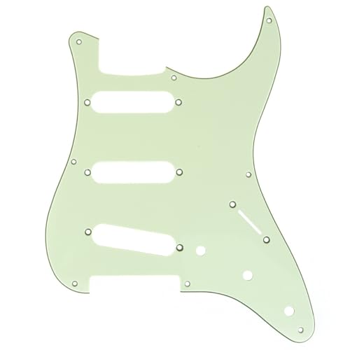 モダンミントグリーン/-/MX1405MT・Color:ミントグリーン・パッケージ個数:1・日本製 Fender Japan 57ストラト用、他のギター・モデルに合わせたい場合は、このピックガードを改造する必要があります・シングルコイルピックアップには、皿穴付きのピックアップ取り付けネジ穴が付いています。・プラスチック製、厚さ2.0-2.2mm（0.08-0.09インチ）・上部に二重層保護フィルム・パッケージ内容:1個このストラトキャスターピックガードは、日本製のFender Japan 57ストラト用です。シングルコイルピックアップに合わせて皿穴が付いており、他のギター・モデルに合わせたい場合は改造が必要です。プラスチック製で厚さ2.0-2.2mm（0.08-0.09インチ）、上部に二重層保護フィルムが付いています。ミントグリーンの色で、1個でパッケージされています。
