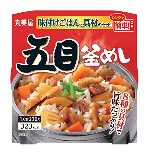 五目釜めし 味付けごはん付き‐/230グラム (x 6)/-・FlavorName:五目釜めし 味付けごはん付き×6個PatternName:レンジで簡単! シリーズ・原材料:［ごはん］うるち米（国産）、果糖ぶどう糖液糖、発酵調味料、醤油、食塩、チキンエキス／酸味料、（一部に小麦・大豆・鶏肉を含む）｜［具材］野菜（にんじん、ごぼう、筍、れんこん）、鶏肉、こんにゃく、醤油、椎茸、発酵調味料、油揚げ、砂糖、大豆油、食塩、エキス（鰹節、酵母）、酵母エキスパウダー／調味料（アミノ酸）、（一部に小麦・大豆・鶏肉を含む）・商品サイズ(高さ×奥行×幅):17.2cm×37.3cm×16.2cm商品紹介 ・「ごはん」と「具材」がセットになった商品です。 ・材料を準備する必要がなく、電子レンジで温めるだけで簡単にお召し上がりいただけます(お湯で温めての調理も可能です)。 ・定番の味わいを一人前から手軽にお楽しみいただけます。 ・常温保存が可能なので、買い物に行けない時や、家庭・職場の常備食としても便利です。 ・8種の具材(にんじん・ごぼう・筍・れんこん・鶏肉・こんにゃく・椎茸・油揚げ)入り。味わい豊かで具だくさんの釜めしです。 原材料・成分 ［ごはん］うるち米（国産）、果糖ぶどう糖液糖、発酵調味料、醤油、食塩、チキンエキス／酸味料、（一部に小麦・大豆・鶏肉を含む）［具材］野菜（にんじん、ごぼう、筍、れんこん）、鶏肉、こんにゃく、醤油、椎茸、発酵調味料、油揚げ、砂糖、大豆油、食塩、エキス（鰹節、酵母）、酵母エキスパウダー／調味料（アミノ酸）、（一部に小麦・大豆・鶏肉を含む）