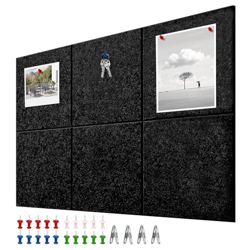 ブラック/90x60cm（6枚入り）/-・【製品仕様】 コルクボードDIYの各ピースのサイズは30x30cm、厚さは9mm、6ピースパックの最大展開サイズは90x60cm、12ピースパックの最大展開サイズは90x120cmで、カラーはブラック、ホワイト、ダークグレーから選択可能、ピンとクリップ付きしている。・【優れた素材】 特殊な圧縮加工により100％ポリエステル繊維から作られたフェルト・パネルは、リサイクル可能で環境に優しく、優れた遮音性と静かな作業環境を提供します。 フェルトボードの厚さは9mmで、引張スタッドがフェルトボードを貫通することはなく、壁を保護します。・【DIY性】 各フェルトボードのサイズは30cm*30cmで、様々なニーズに合わせて、大きなコルクボードなどカスタムサイズに簡単にカットしたり継ぎ足したりすることができる。・【使いやすい】 取り付けは、フェルトボードからテープシールをはがし、壁や壁紙に貼り付けるだけで完了。一人でも簡単に使える。・【適応範囲】 広々として美しく、シンプルでスタイリッシュなフェルトボードは、オフィス、ホームオフィス、配布