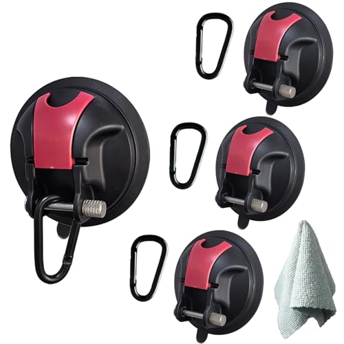 直径9cm-4個入り黒と赤/-/-・Style:直径9cm-4個入り・4個入り、直径9cm、 強力真空吸盤フックセット】セット内容：吸盤フック4個、フック4個、タオル1枚。吸盤素材：PVC+ABS・サイズ：直径9cm*厚さ4cm・耐荷重：静止状態で70kg・【接着不使用で簡単脱着・跡残りなし】固定レバーを押すことで真空状態にして固定する方式で、手軽に強力な吸着力を発揮できます。取り外す時はレバーを戻せば簡単に剥がれます。接着不使用なのでお手入れも簡単にできます。・【超大型直径9cm吸盤、耐荷重70kgの高い吸着力】高品質のABSとPVC素材で作られた吸盤は耐摩耗性、耐久性に優れています。直径10cmの大型吸盤を採用したことにより耐荷重も静的70kgを実現しており、家庭でもアウトドアでもストレスなく使用できます。長時間の使用でも吸着力が弱まらず、実用試験ではガラス扉に30kgの重りを24時間かけても吸盤が動かず安定して吊るすことを確認しました。そのため風の強い屋外でもサンシェードなどを車にしっかり固定することができます。・【滑らかな平面に適用】綺麗で滑らかな面に貼