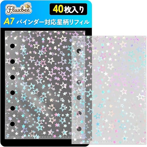 星柄リフィル ×40枚/A7/Fluxbee_cf・Color:星柄リフィル ×40枚Size:A7・?【A7サイズ対応・キラキラ輝く星柄デザイン】 セット内容：星柄ホログラム剥離紙（リフィル）×40枚。光の角度で虹色に輝く星柄が、貼ったシールをより一層可愛く引き立てるデザインリフィルです。・?【たっぷり使える大容量40枚セット】 40枚入りの大容量仕様で、お気に入りのシールをこれ一冊でたっぷり整理整頓できます。A7サイズの6穴バインダーにぴったり収まる専用設計です。・?【特殊な剥離加工・両面使用で80ページ分】 両面に特殊加工を施しており、表裏どちらも使用可能。40枚で合計80ページ分の広大な収納スペースが手に入り、配置換えや交換も自由自在です。・?【約0.6mmの厚手仕様・立体シールにも対応】 程よいさと厚みを持たせた設計で、ぷっくりシールや立体シールの収納にも最適。A7サイズの広い面でもヨレにくく、シールの折れやヨレを防ぎます。・?【推し活・コレクション管理をプロ仕様に】 シール専用設計により、一般的なリフィルのように強く貼り付きすぎることがありません。