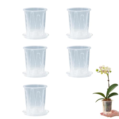 5個セット 植木鉢 透明 底皿付き スリット鉢 透明 観葉植物 プラスチック 鉢植え 穴付き 受け皿付き 胡蝶蘭鉢 育苗ポット 園芸用品(14c