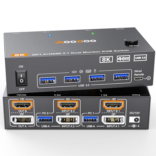 8K HDMI DP KVM 2 IN 2 OUTBlack/120mm/0027685245656・Size:120mmSetName:HDMI DP 2入力2出力・パッケージ個数:1・【デュアルモニターKVMスイッチ2イン2アウト】このデュアルモニターKVM HDMI+DPスイッチは、1セットのキーボード＆マウスと2つのモニター（拡張表示モードまたはコピー表示モード）で2台のコンピュータを制御することができます注：「Window+P 」を押すと、小さなウィンドウがポップアップ表示されます。・【最大8K@60Hz/4K@144Hzをサポート】USB3.0デュアルモニターKVMスイッチは、最大8K@60Hz/4K@144Hzの解像度をサポートしていますデュアルモニターKVM HDMI2.1+DP1.4スイッチは、1台のコンピュータが4K@60Hz、もう1台が4K@30Hz、1440P@60HZ、3D 1080P@60HZまたはそれ以下の解像度など、異なる解像度の2台のコンピュータをサポートしています。同じ解像度のコンピュータを使用することをお勧めします。・【USB