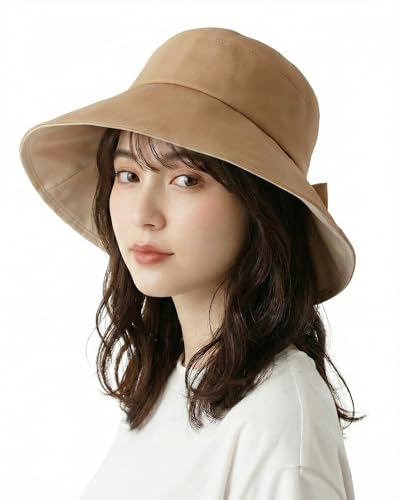   レディース 帽子 ハット つば広 日よけ UVカット ナイロン 軽量 折りたたみ 大きいリボン付き 小顔効果