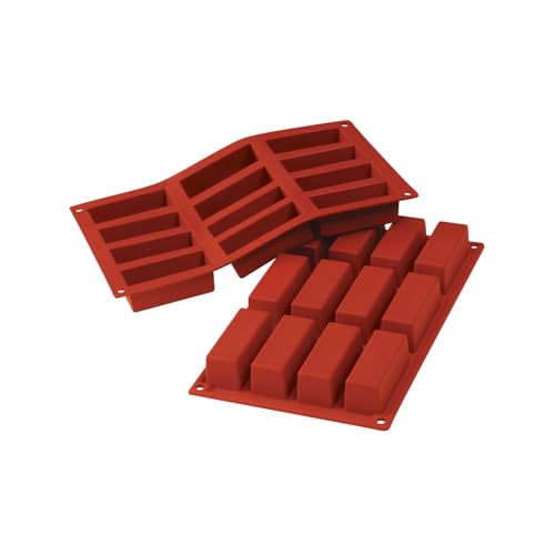 レッド/-/SF026- 1 mold・パッケージ個数:1・外寸 :175×300mm・材質:シリコン・製品重量:270g・耐熱温度:-60度から230度レストラン向け業務用商品。 原料に有害物質を含んでおらず、シリコン100%で離型性が良く、お手入れも簡単です。6取サイズの天板に3枚、フレンチサイズ天板に4枚並びます。 出来上がり寸法:79×29×H30