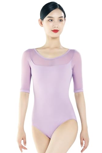 パープル/S(155--160cm)/-・Size:S(155--160cm)Color:パープル・レオタード素材：ナイロン78％、エラスタン22％、裏地：ナイロン95％、エラスタン5％・優れたストレッチ性とフィット感、着心地のソフトスムース素材を使用・胸元から袖にかけてストレッチチュールを使用，ストレッチチュールを切り替えたヨークが首のラインを長くきれいに見せる・胸にハーフライニングが施されています，バストパッドポケット付き・手洗いまたは洗濯機で洗えます