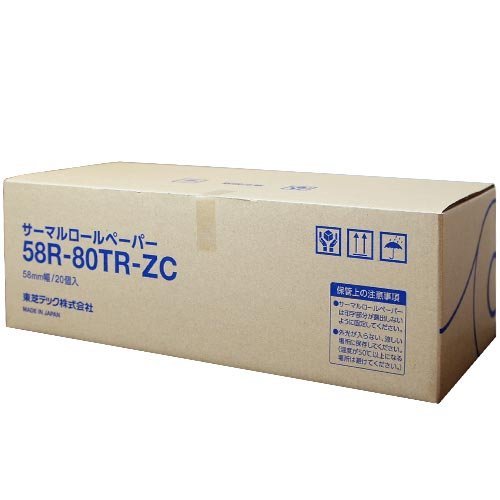 ホワイト/-/58R-80TR-ZC-20・パッケージ個数:1・サイズ：紙幅 58mm × 外径 80mm × 芯内径 18mm・紙の長さ：約63m・東芝TEC純正の感熱ロールペーパーです。芯のあるタイプです。・《58R-80TRSC-20》の新パッケージ・新型番商品です。・主な対応機種：AR-660-15　AR-600-5E　AM-660　AM-600　AM-2055　FS-2055　MA-1550　FS-1550●寸法 / 幅 58mm × 外径 80mm ●穴内径/18.0 mm ●ロール長さ/63m ●感熱紙・芯あリ・ノーマル ●適応機種/AR-660-15、AR-600-5E、MA-660、MA-600、MA-2055、FS-2055、MA-1550、FS-1550 商品箱サイズ：40.6 x 16.8 x 12.9 cm（W×D×H） ●単位（入数）／1箱（20巻入） ●メーカー品番／58R-80TRZC(20個入)
