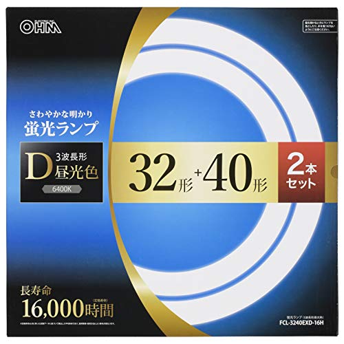 16000時間(長寿命タイプ)昼光色/32形+40形/FCL-3240EXD-16H・Size:32形+40形Style:16000時間(長寿命タイプ)Color:昼光色・パッケージ個数:1・白さくっきり明るい光。さわやかな雰囲気にお部屋を演出します。・白を引き立たせ、学習や新聞などを読むときに文字がはっきり見えます。・定格寿命16000時間（約8年）の長寿命 ※年間2000時間（1日約5.5時間）使用の場合・32形+40形（各1本）セット・光色：3波長形昼光色32形+40形 光色:3波長形昼光色 口金:G10q 全光束 (ランプ単体の明るさ):32形…2000lm、40形…2900lm 定格寿命:16000時間 色温度:6400K 適合点灯管:32形…FG-5P/FE5P、40形…FG-4P/FE4P 寸法(ガラス管径):32形、40形…29mm 寸法(外径):32形…298mm、40形…370mm 質量:32形…169g、40形…218g セット内容:32形+40形 ※ 日本国内用