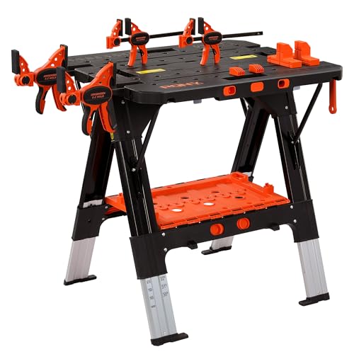 オレンジ/70/99214AJ.JP・パッケージ個数:1・【1台2役】2-In-1作業台はワークテーブルとソーホースに両用で、プロの建設現場でも家庭でもご利用になれます。取り組むは迅速かつ簡単です。より多くの作業が可能になります。・【高耐荷重能力＆安定性抜群】サビにくく、丈夫で軽量なアルミニウム製フレーム脚を採用して、頑丈な構造になっているため、作業台として最大耐荷重225kg、ソーホースとして耐荷重は450kgまで、抜群の安定性を実現します。・【安全設計】脚に滑り止めストッパーが付き、作業中の移動を防ぎます。折り畳んだ後、両側の安全ストラップで固定することでき、安定性が高めます。・【高さ調整可能】高さ調節ボタンで高さを調整できます。作業場によって気楽な高さを利用でき手便利です。・【商品仕様】テーブルサイズ：幅78cm×奥行63cm×高さ76.5〜89cm。折りたためるデザインで、作業台の収納や持ち運びやすい。