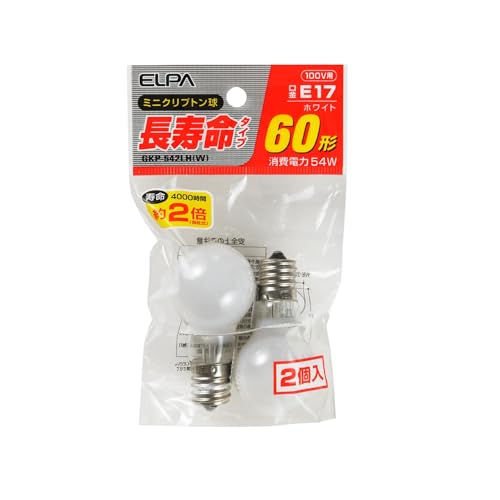 ホワイト/60W 2個/GKP-542LH(W)・Size:60W 2個・パッケージ個数:1・定格電圧：100V・定格消費電力：54W・定格寿命：4 000時間・本体サイズ：全長67×バルブ径35(mm)・口金E17 入数：2個 カラー：ホワイト●60形長寿命タイプ ●寿命は約2倍の4 000時間(当社比) ●アルゴンガスよりも熱伝導率の低いクリプトンガスの封入で長寿命を実現した電球です。外径のコンパクト化によってスポットライト、ダウンライトなど幅広く使用できます