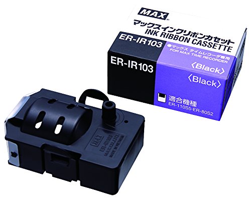 ER-IR103ブラック/-/ER-IR103・Style:ER-IR103PatternName:単品・パッケージ個数:1・マックスタイムレコーダー専用インクリボン・【重量】24g・【インク色】黒・【対応機種】ER-80S2、80S2C、80S2W、110S5、110S5W・【対応機種】80S2CW、110S5C、110S5CW、タイムレコーダ用インクリボンです。適合機種はER-80S2、ER-80S2W、ER-110S5、ER-110S5Wです。 タイムレコーダの電源プラグをコンセントから抜き、タイムレコーダのフロントカバーを取り外して交換してください。リボンのたるみを巻き取ってから装着してください。エンドレスリボンなので巻き取っても使用回数は減りません。 商品名 : マックス タイムレコーダー用 インクリボン ER-IR103 ER90228