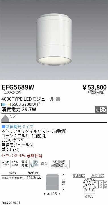 Rakuten - EFG5689W　Tunable　ARCHIシーリング_直付タイプ_4000T　ENDO 遠藤照明 エンドウ 【3980円以上(税込)で送料無料】