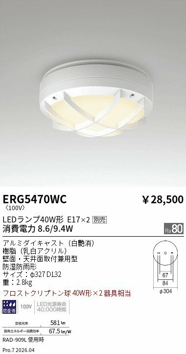 Rakuten - ERG5470WC　アウトドアシーリングライト 格子付 2灯用 白　ENDO 遠藤照明 エンドウ 【3980円以上(税込)で送料無料】