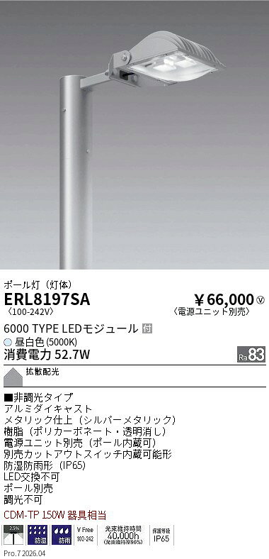 樂天商城 - ERL8197SA　ポール灯6000タイプ5000K拡散配光 電源別　ENDO 遠藤照明 エンドウ 【3980円以上(税込)で送料無料】