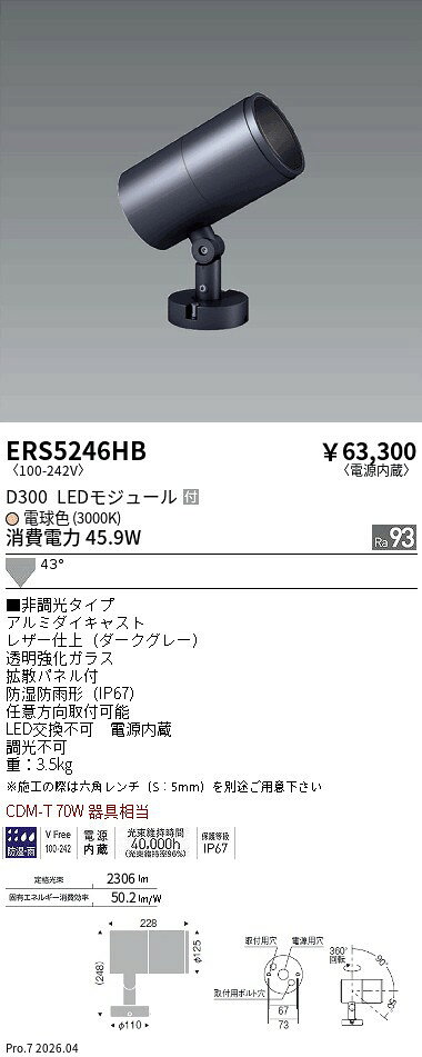 乐天商城 - ERS5246HB　COB屋外SP　D300　広角　3000K　Ra93　ENDO 遠藤照明 エンドウ 【3980円以上(税込)で送料無料】