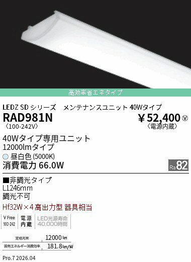 樂天商城 - RAD981N　非調光40W形　12000lmタイプ　5000K　拡散　ENDO 遠藤照明 エンドウ 【3980円以上(税込)で送料無料】