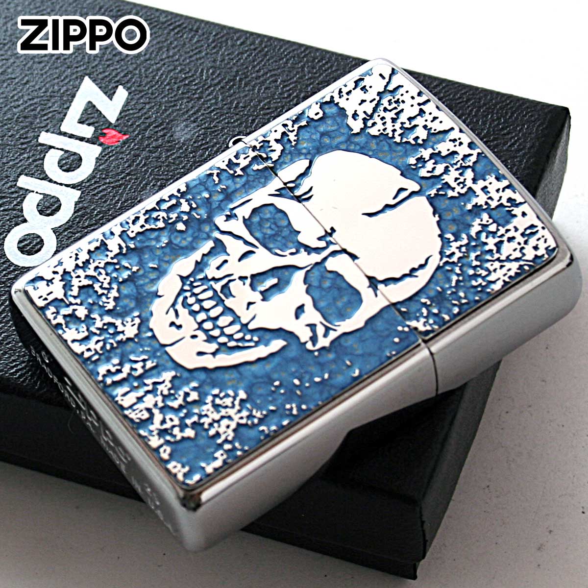 Zippo ジッポライター スカル ドクロ 骸骨 Skull ブルー ＃200 メタルプレート 両面加工 ニッケルメッ..