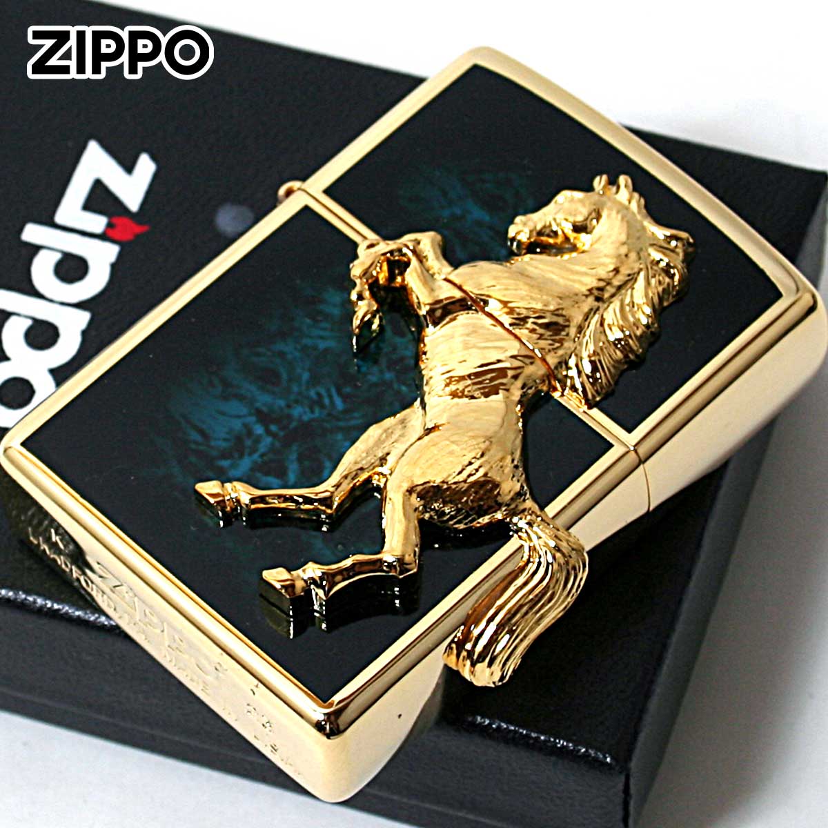 Zippo ジッポライター 馬 ホース 2面連続メタル ウイニング ウィニー ゴールドプレート ブルーマブル ゴールドタンク アトランティックブルー メール便専用商品