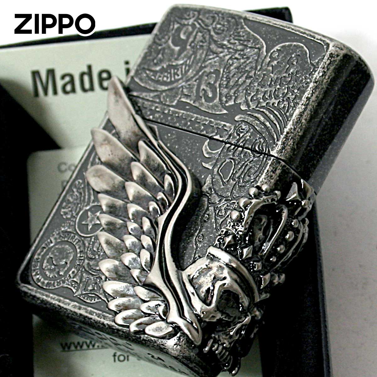 Zippo ジッポライター スカル ドクロ 骸骨 羽 ウイング フォーチュンヘッド いぶしバレル Fortune Head..