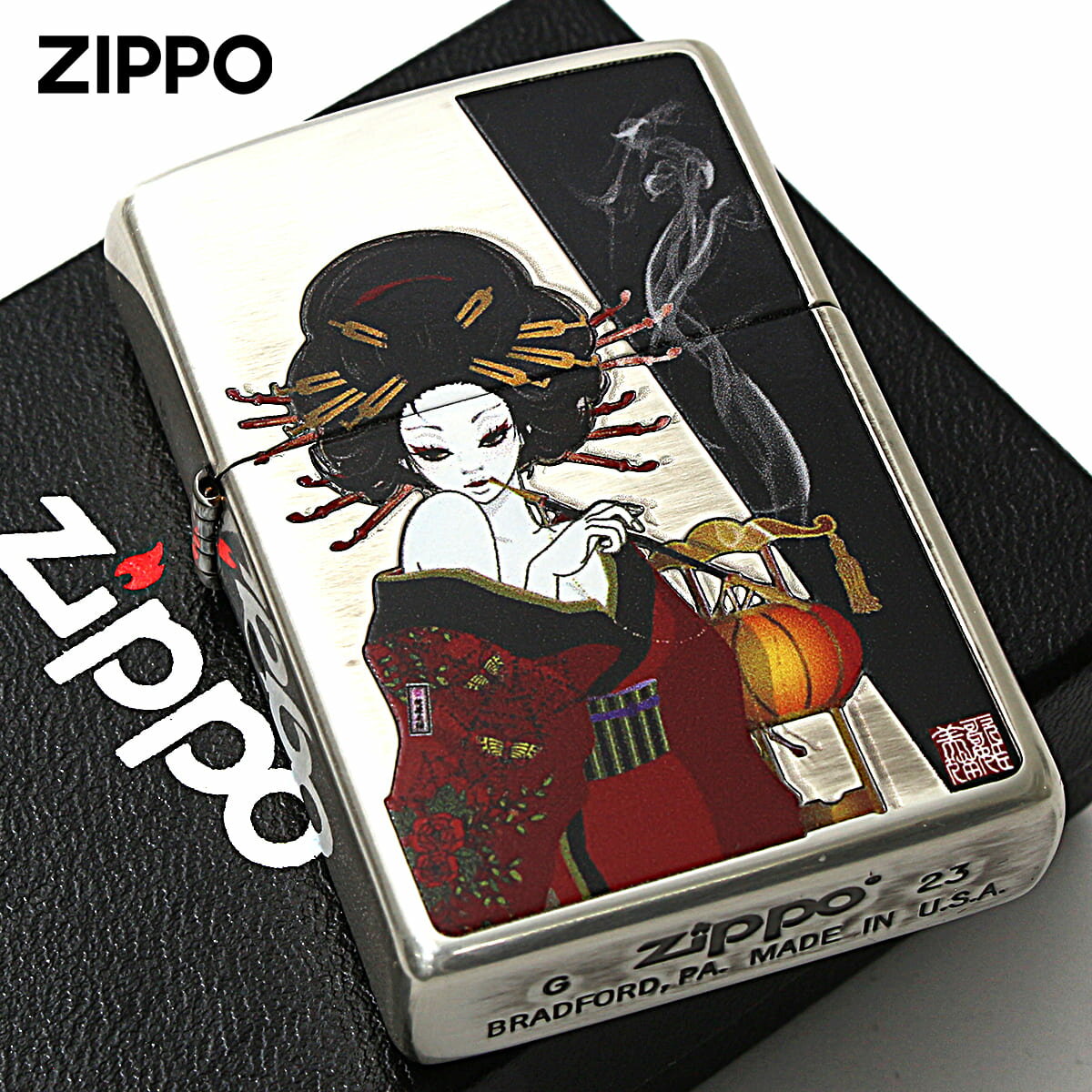 楽天輸入雑貨のネットストア AKIHAZippo ジッポライター 和柄 煙管と女 JAPANESE STYLE 2020 銀メッキ 80059 メール便専用商品