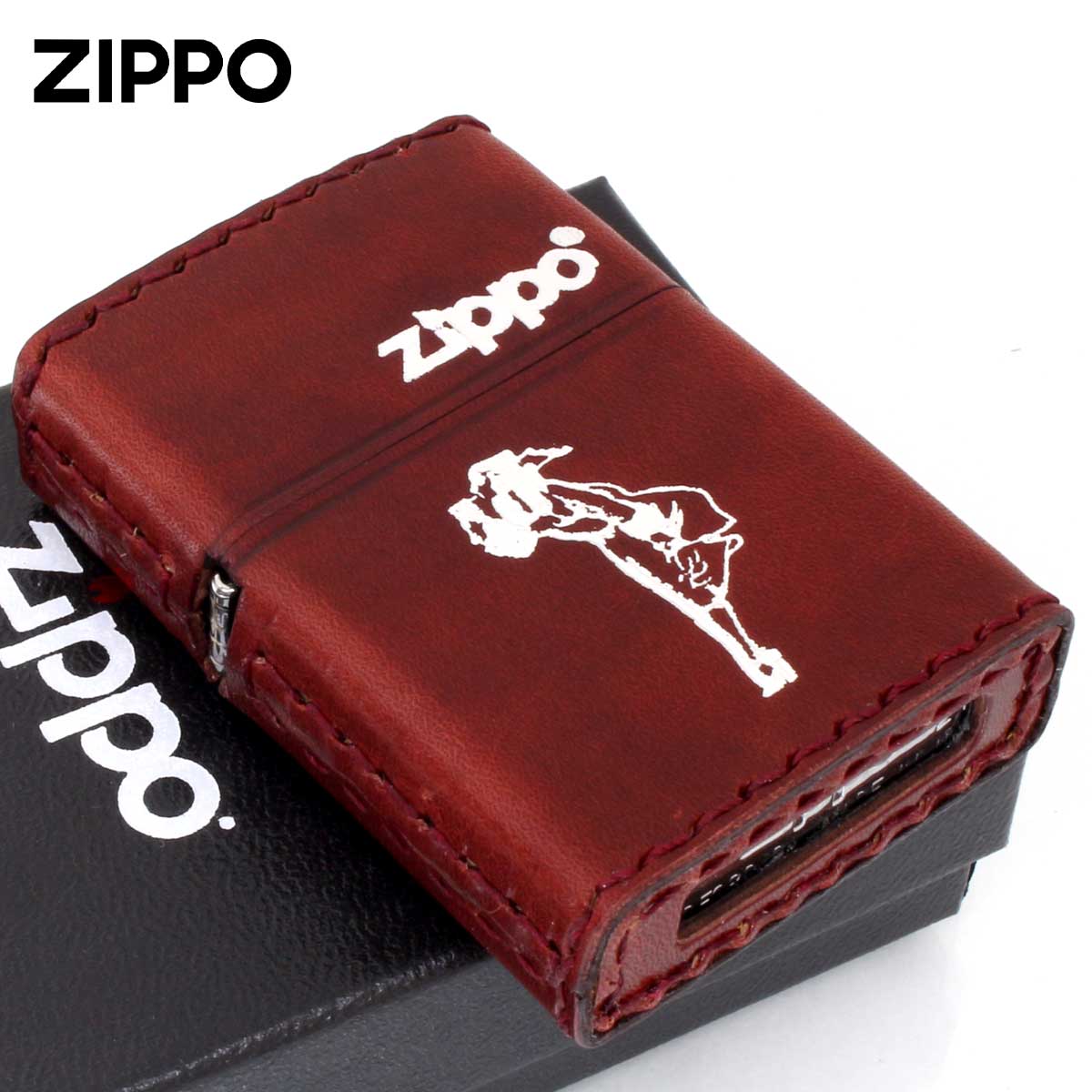 Zippo ジッポライター 革巻き ウインディ 銀箔押し レッド RD-WS メール便専用商品