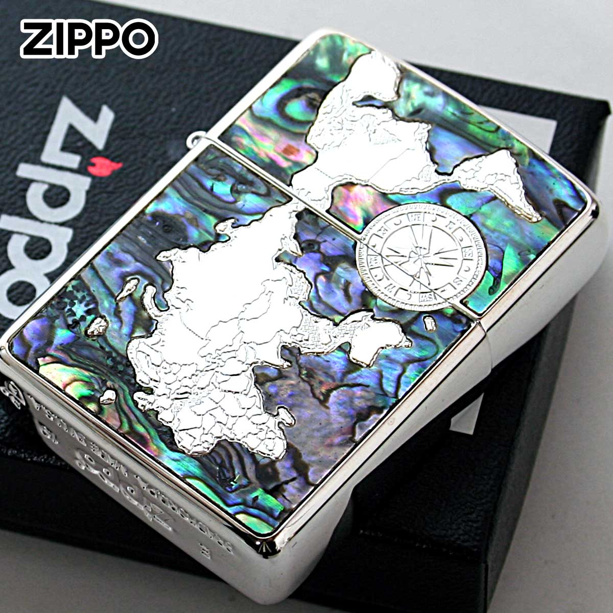 Zippo ジッポー シェル 貝 インレイ 象嵌 ワールドマップ 銀メッキ Shell World Map Silver Plate S プレゼント 贈り物 男性 女性 高級 オプション購入で名入れ可 3