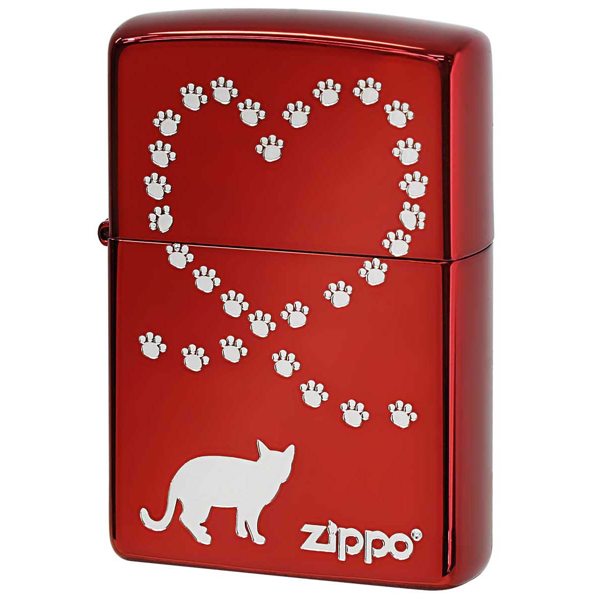 Zippo ジッポー 猫 ネコ ハート 足跡 シルエット Love Cat レッド NKQ-IR プレゼント 贈り物 女性 かわいい オプション購入で名入れ可