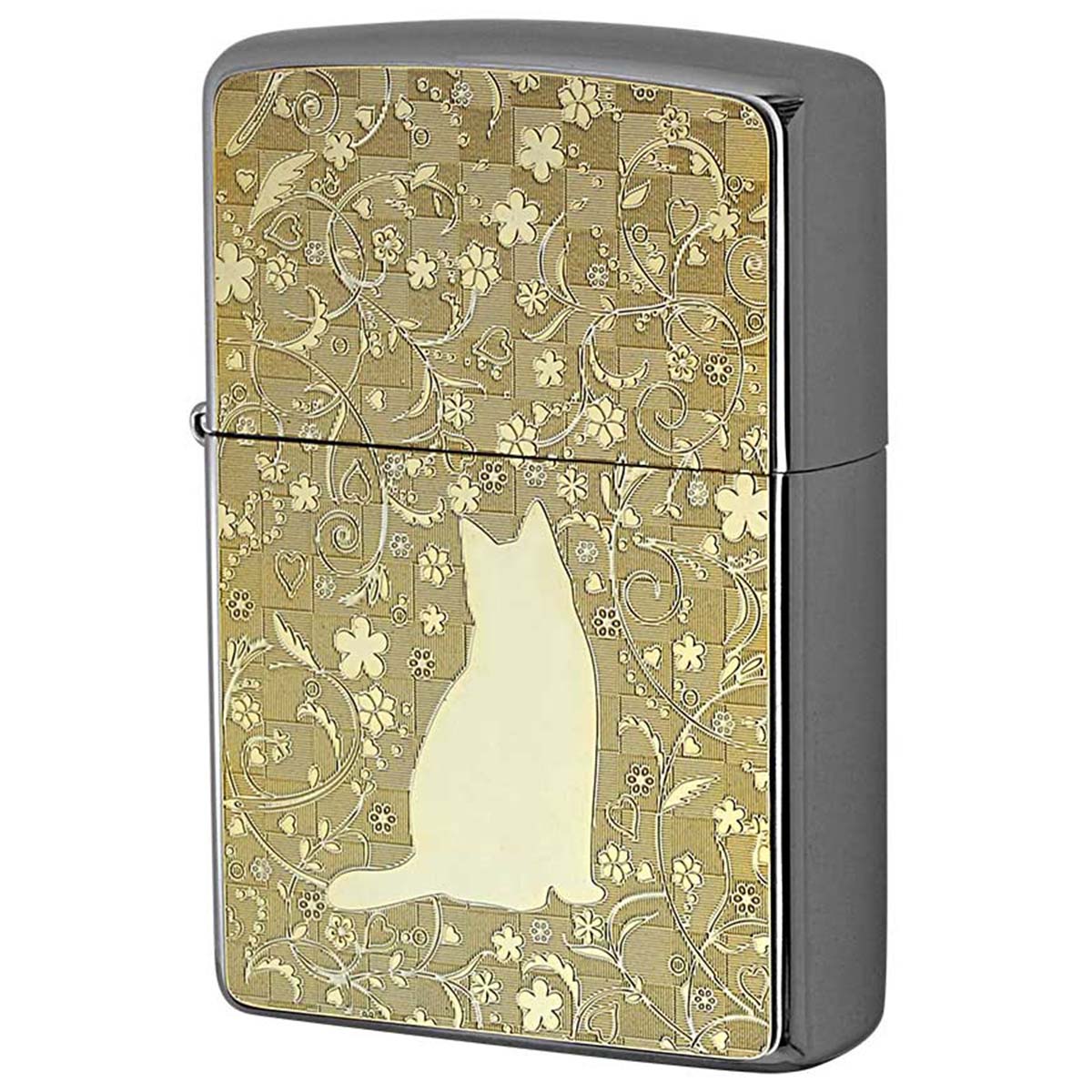 Zippo ジッポー ネコ 猫 Cat 花 ゴールドプレート ＃200 メタルプレート 両面加工 ニッケルメッキ 2MP-ネコと花 プレゼント 贈り物 女性 かわいい オプション購入で名入れ可 メール便可