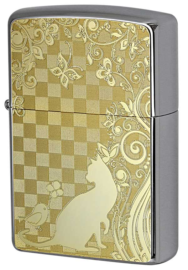 Zippo ジッポー 特殊加工 動植物系 200 Flat Bottom Metal Paint Plate GP 2MP-ネコと小鳥 zippo ジッポ ライター オプション購入で名入れ可 メール便可