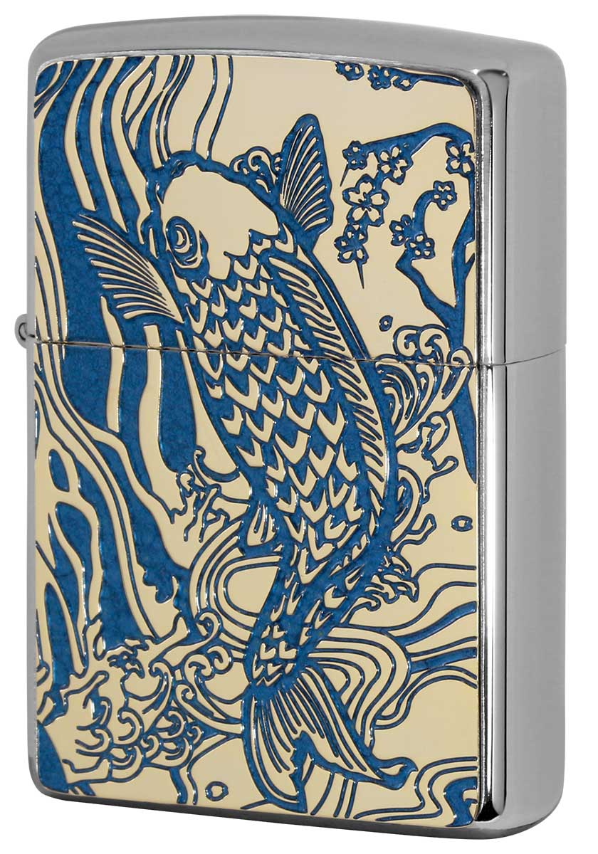 Zippo ジッポー 特殊加工 和柄 200 Flat Bottom Metal Paint Plate 2MPP-Carp BL GP zippo ジッポ ライター オプション購入で名入れ可 メール便可