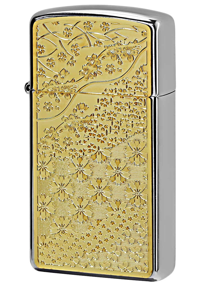 Zippo ジッポー 特殊加工 和柄 200 Metal Gold Plate 真鍮板メタル ゴールドプレート スリム 16MP-桜 GP zippo ジッポ ライター オプション購入で名入れ可 メール便可