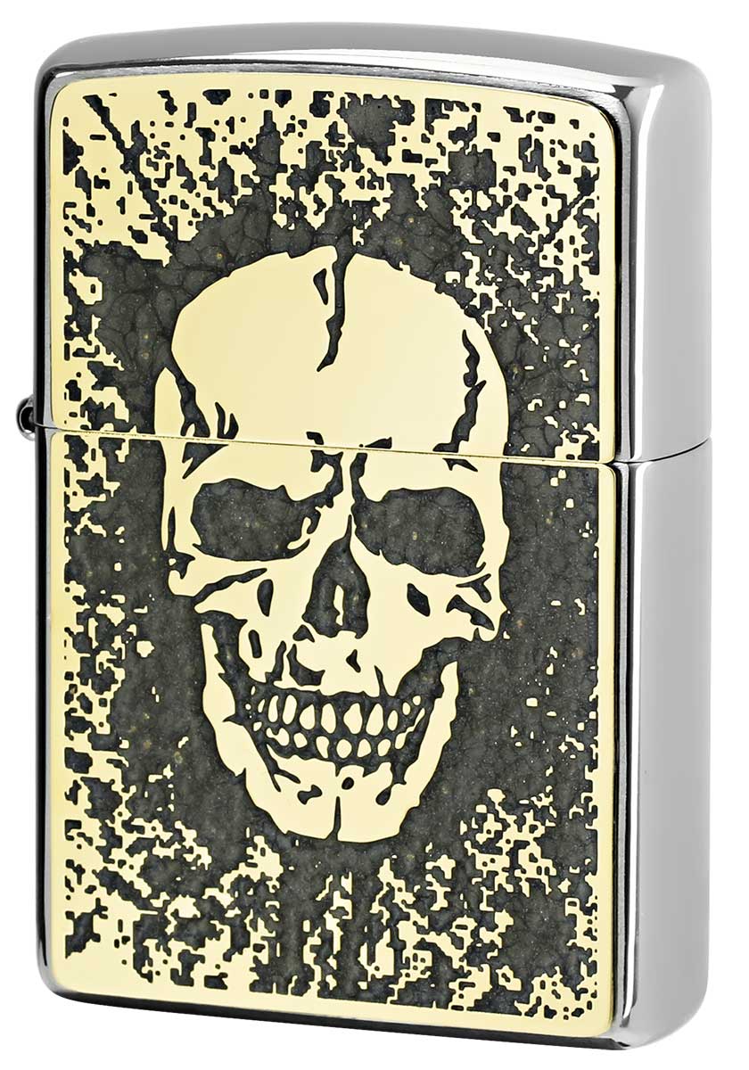 Zippo ジッポー 特殊加工 SKULL(ドクロ系)200 Metal Paint Plate 真鍮板ペイントメタル ゴールドプレート 2MPP-Skull GY GP zippo ジッポ ライター オプション購入で名入れ可 メール便可