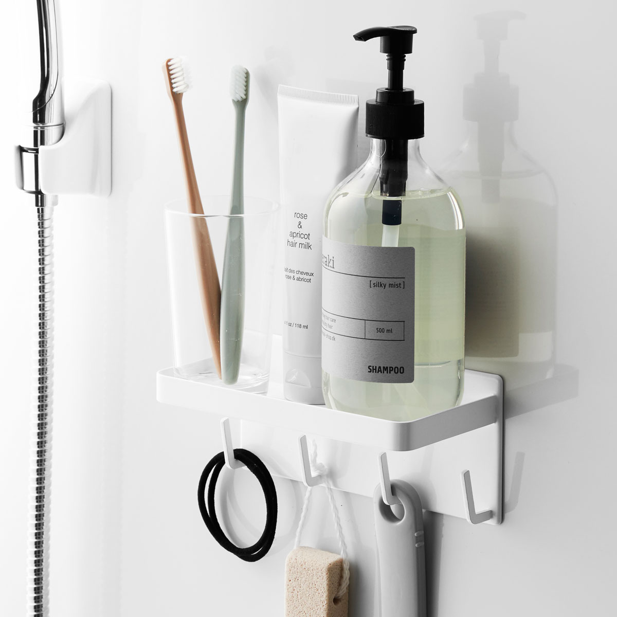 バスルーム 収納 マグネット バスルームラック シャンプーラック 山崎実業 浮かせる収納 ホワイト マグネットバスルームラック&フック ミスト ホワイト