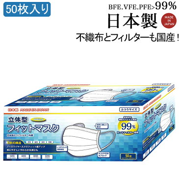 日本製 即納 当日/翌日発送 在庫あり 箱付き ホワイト 使い捨て マスク 不織 三層タイプ ウィルス飛沫 花粉対策 風邪対策 普通サイズ 快適 クリーン 予防 50枚入り 新型番 父の日 母の日