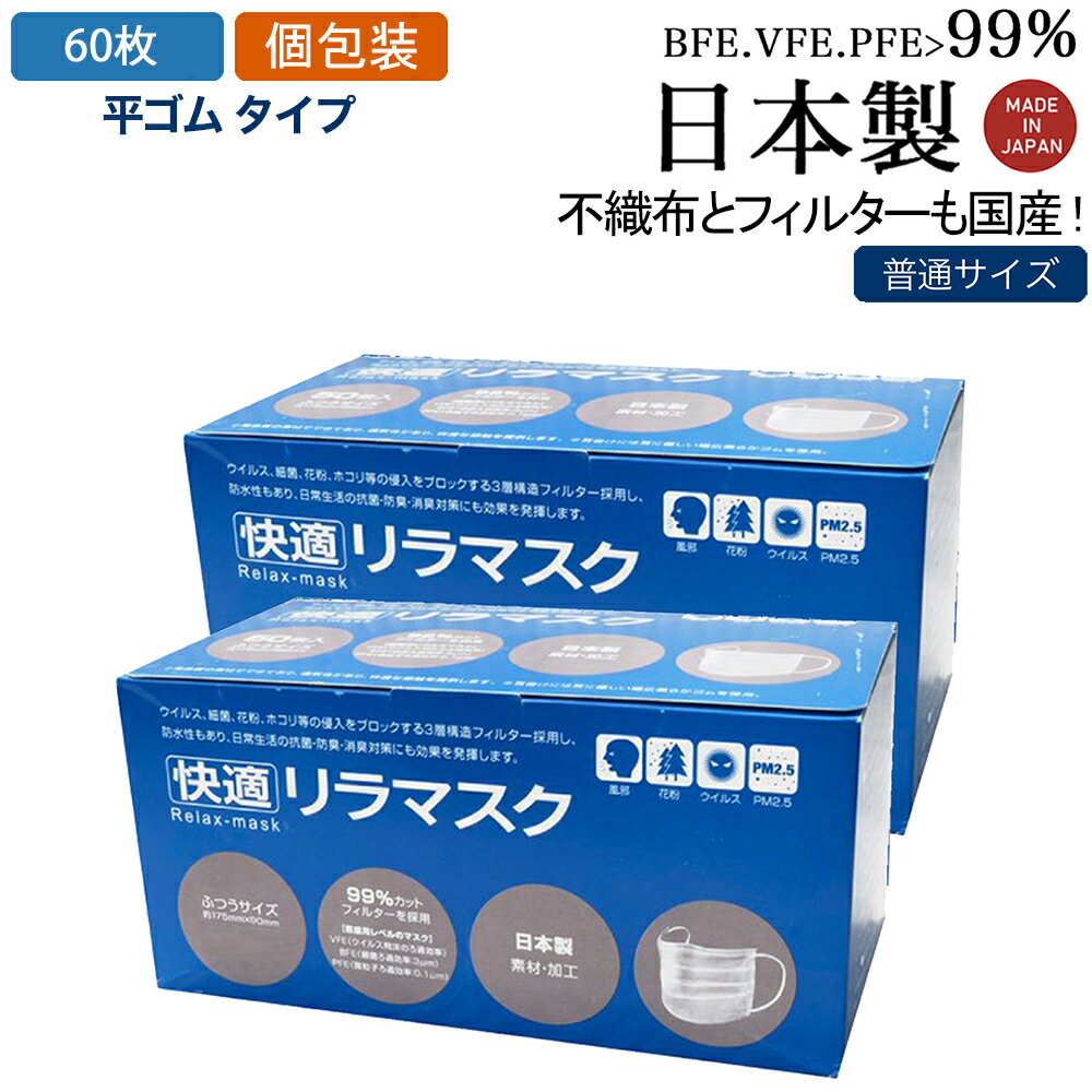 日本製 XINS 個包装 マスク工業会会員 平ゴム 不織布マスク 快適リラマスク マスク 普通サイズ 国産 99％カットフィルター内蔵 耳らく 耳が痛くなりにくい メガネくもりにくい クリーンルームで生産 50枚+10枚 30枚x2セット 包装切替中