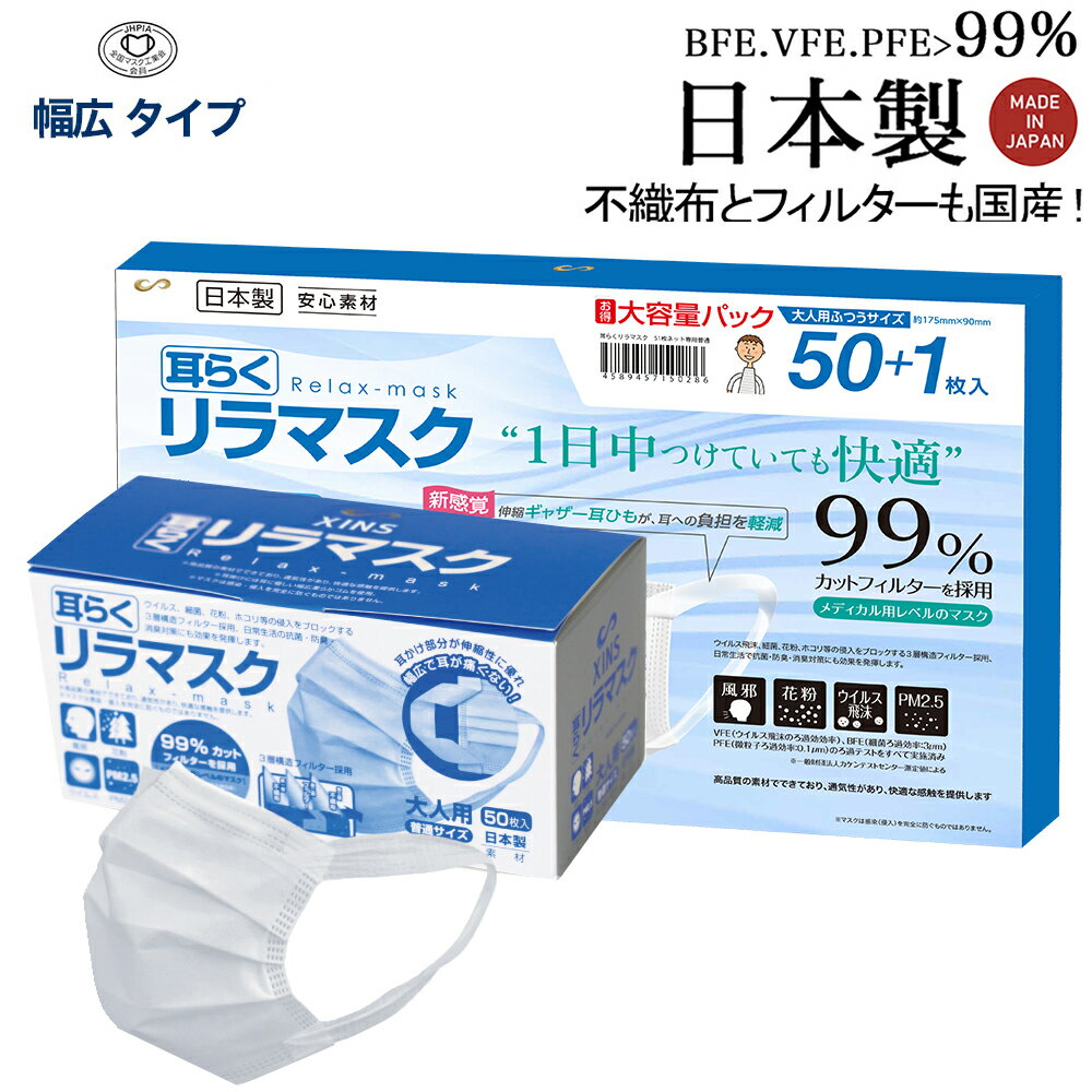 日本製 XINS 不織布リラマスク シンズ CM掲載商品 マスク 50枚 工業会会員 普通サイズ 国産 99％カットフィルター内蔵 耳らく 耳が痛くなりにくい メガネくもりにくい クリーンルームで生産 送料無料のサムネイル