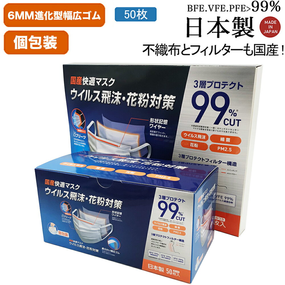 【10倍ポイント】マスク 日本製 1枚づつ個包装 不織布 4段オメガプリーツ 6MM幅広ゴム 50枚入り 進化版 国産99％カットフィルター内蔵 白 使い捨て 三層タイプ ウィルス飛沫 花粉対策 風邪対策 快適 クリーン 補助金対象 マスク工業会会員