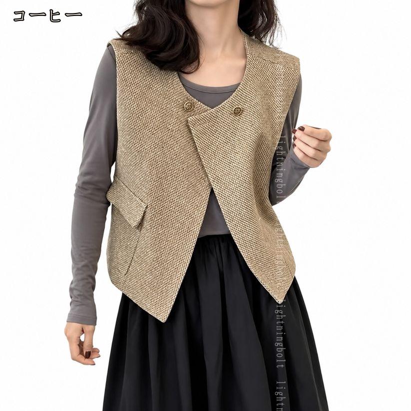 500円OFFクーポン レディース ジレ ベスト 体型カバー すっきり見え ショート丈 ノースリーブ カジュアル きれいめ クラシック レトロ ツイード調 重ね着 レイヤード 春 秋 冬 通勤 通学 デート お出かけ オフィス 大きいサイズ lightningbolt lightningbolt-10011601 ライトニング サンプル画像3
