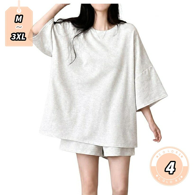 レディース ルームウェア セットアップ 体型カバー ゆったり 半袖 Tシャツ ショー...