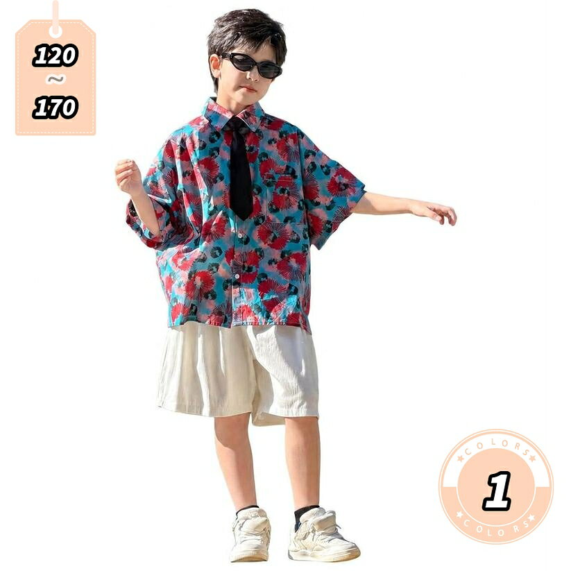 500円OFFクーポン キッズ 半袖シャツ ゆったり 男の子 アロハシャツ 子供服 襟付き ネクタイセット 総柄 プリント トップス カジュアル ジュニア お出かけ 通学 夏服 旅行 リゾート lightningbolt