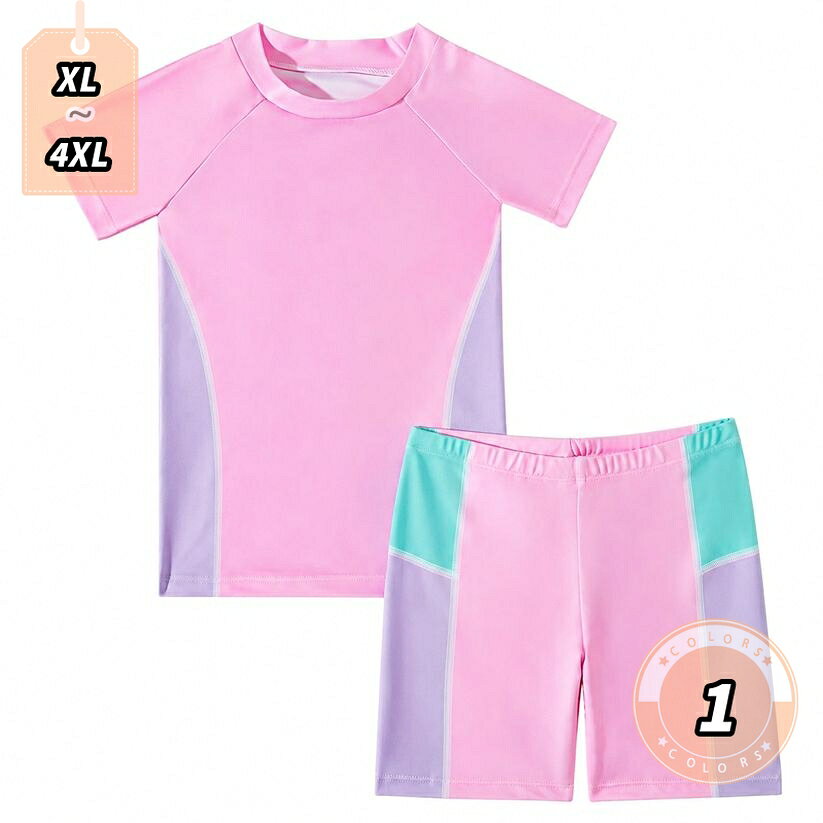 表地：ポリエステル、ポリウレタンメイン素材：ポリエステル、ポリウレタン【キッズ水着】女の子用のセパレート水着上下セットです。ピンクを基調とした可愛らしくスポーティなカラーブロックデザインで、プールや海辺での水遊びにぴったりです。サイズはXLから4XLまで幅広く展開しており、お子様の体型に合わせてお選びいただけます。【セパレート】半袖のプルオーバートップスと、ショートパンツの上下2点セットです。セパレートタイプなので、お着替えやお手洗いの際にも脱ぎ着がスムーズで大変便利です。ウエスト部分はゴム仕様となっており、締め付け感を抑えた優しいフィット感を実現します。【スイムウェア】ポリエステル系素材を採用しており、さらっとした肌触りとなめらかな着用感が特徴です。水に濡れても乾きやすく、シワになりにくい性質を持っているため、アクティブに動き回るプールや海水浴、スイミングスクールなどのシーンで大活躍します。【女の子水着】動きやすさを重視したスポーティなデザインです。ショートパンツスタイルなので、元気に走り回ってもめくれ上がる心配がなく、露出を抑えたヘルシーな着こなしが叶います。デイリーユースから旅行、夏のレジャーまで幅広くご着用いただけます。【子供用水着】すっきりとしたシルエットでありながら、ゆったりとした着心地をします。通気性が良く軽やかな印象の生地感で、夏の暑い日でも快適に過ごせます。シンプルなクルーネックデザインと可愛い配色で、プレゼントや贈り物としても喜ばれる一着です。【スポーティで可愛いデザインの女の子用セパレート水着】元気に動き回るお子様にぴったりな、半袖トップスとショートパンツの上下2点セット水着が登場しました。ピンクをメインに、パープルやミントグリーンの配色を効かせたカラーブロックデザインが、ビーチやプールサイドで目を惹きます。シンプルでありながらおしゃれなスポーティスタイルは、スイミングスクールからレジャーまで幅広く活躍します。【着脱スムーズなセパレートタイプ】上下が分かれたセパレート仕様なので、濡れた状態でもお着替えやお手洗いが簡単に行えます。トップスは被って着るプルオーバータイプで、首元はすっきりとしたクルーネック仕様。ボトムスのショートパンツはウエストゴムを採用しており、お腹を締め付けすぎず、活発な動きにも優しくフィットします。露出を控えめにしたショートパンツデザインで、元気に遊んでもズレにくく、快適な着心地をします。【さらっと快適な着用感】ポリエステルを主体とした水着用の素材を使用しており、さらさらとした肌触りとなめらかな質感が魅力です。軽やかで生地は水に入っても重くなりにくく、乾きやすい性質を持っているため、水遊びの後も快適に過ごせます。シワになりにくく、お手入れがしやすいのも嬉しいポイントです。【体型カバー＆ヘルシーな露出】気になるお腹周りやお尻周りをすっぽりとカバーするデザインで、すっきりとしたシルエットに見せてくれます。ショートパンツ丈は短すぎず長すぎない絶妙な長さで、太もも周りもカバーしつつ、元気に走ったり泳いだりする動作を妨げません。スポーティなシルエットは、甘すぎるフリルが苦手なお子様や、動きやすさを重視したいジュニア世代の女の子にもぴったりです。【幅広いサイズ展開と多様なシーンで活躍】サイズはXL、2XL、3XL、4XLまで豊富にご用意しております。ゆったりとしたサイズ感をお探しの方や、成長期のお子様にも対応できるラインナップです。スイミングスクール、市民プール、海辺でのレジャー、川遊び、水遊び広場など、夏のあらゆるアクティビティにです。お子様の夏の思い出作りを彩る、デザイン性と実用性を兼ね備えたスイムウェアです。【製品仕様】・セット内容：半袖トップス、ショートパンツ・対象：ガールズ（女の子、キッズ、ジュニア）・カラー：ピンク系（配色デザイン）・メイン素材：ポリエステル系素材・シーン：プール、海水浴、スイミング、ビーチ、夏休み、レジャー※サイズ表をご確認の上、お子様の体型に合ったサイズをお選びください。※モニター環境により、実際の商品と色味が若干異なる場合がございます。あらかじめご了承ください。以下の説明は、検索・比較の参考としてご利用ください。購入の際は、水着 女の子 セパレート 半袖 キッズ スイムウェア 子供 ジュニア スイミング スクール 上下セット ショートパンツ プール 海 水遊び ピンク かわいい ゆったり スポーティ女の子 水着 セパレート 半袖 ショートパンツ 上下セット キッズ スイムウェア スポーティ ジュニア 水遊び プール スイミングスクール ウエストゴム 締め付けないキッズ 水着 女の子 セパレート 2点セット スイムスーツ 半袖トップス ハーフパンツ 子供用 スイミングウエア スポーツ風 配色デザイン 動きやすい 着痩せ 大きめサイズ水着 女の子 セパレート 半袖 キッズ スイムウェア 子供 ジュニア スイミング スクール 上下セット ショートパンツ プール 海 水遊び ピンク かわいい ゆったり 小学生 提携