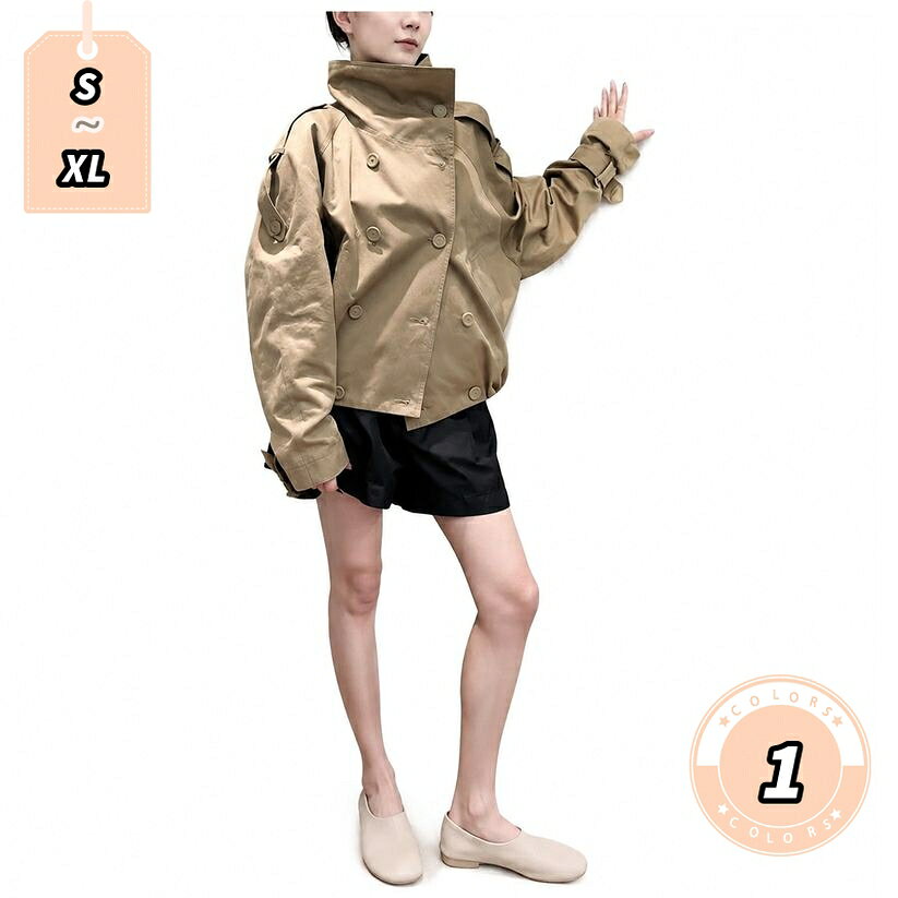 トレンチコート ショート丈 レディース 体型カバー ゆったり スプリングコート ダブルボタン アウター カジュアル 秋服 通学 通勤 大きいサイズ 立ち襟 マウンテンパーカー風 lightningbolt