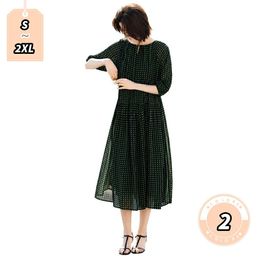 ワンピース 体型カバー ゆったり ロングワンピース レディース 七分袖 シフォン きれいめ レトロ柄 ギャザー入り Aライン 着痩せ ミモレ丈 春 夏 お出かけ lightningbolt