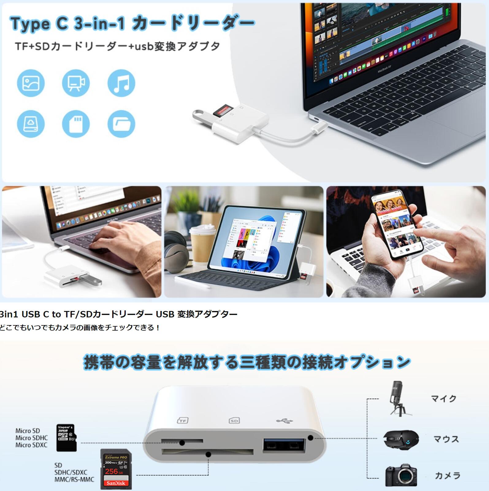 カードリーダー SDカード iPhone15シリーズ 　iPad(type-c)　 Android(type-c)　専用 USBメモリ type-c 3in1カードリーダー micro SD TFカード カメラリーダー