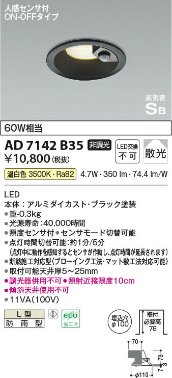 KOIZUMI(NS) コイズミ照明 人感センサ付LEDダウンライト AD7142B35 2
