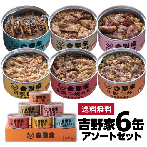 吉野家 缶飯 6種 6缶アソートセット 160g×6缶 送料無料 牛丼 豚丼 牛焼肉丼 豚生姜焼丼 焼鶏丼 焼塩さば丼 ご飯缶詰 非常用保存食 金のいぶき 常温 防災備蓄食料品 防災 災害 非常食 セット 食べ比べ 詰合せ 長S 父の日 お中元