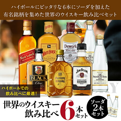 送料無料 ワールドウイスキー6本 (180〜200ml) 飲み比べセット + プレミアムソーダ 2本付 ウイスキー whisky ギフト デュワーズ ホワイトホース ジムビーム ジョニーウォーカー 角瓶 ブラックニッカ 長S