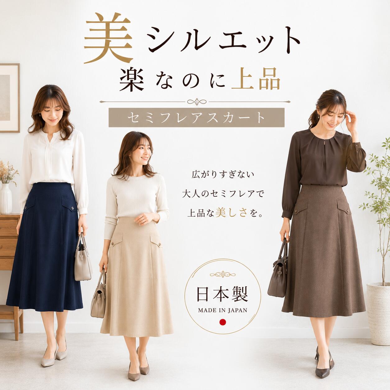 乐天商城 - 【日本製】セミフレアスカート レディース ロング ミモレ丈 ウエストゴム 裏地付き きれいめ 上品 通勤 オフィス 大人カジュアル 春 夏 秋 ベージュ ネイビー ブラウン S M L LL